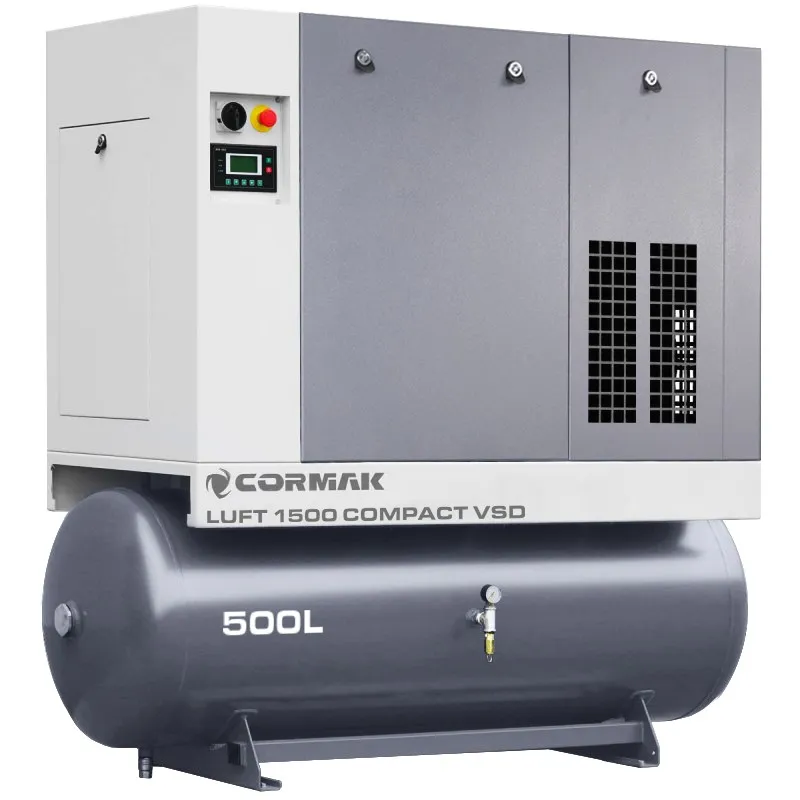 Schraubenkompressor mit Kältetrockner, Frequenzumrichter und 500L Druckluftbehälter CORMAK LUFT 1500 COMPACT 1580L/min 11kW