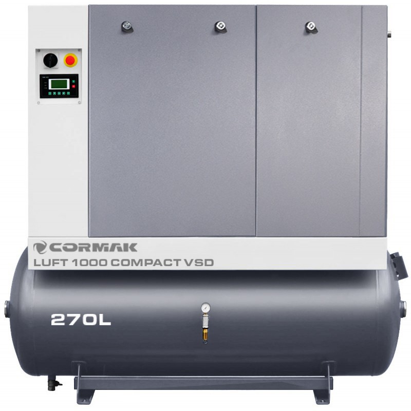Schraubenkompressor mit Kältetrockner, Frequenzumrichter und 270L Druckluftbehälter CORMAK LUFT 1000 VSD COMPACT 950L/min 7.5kW
