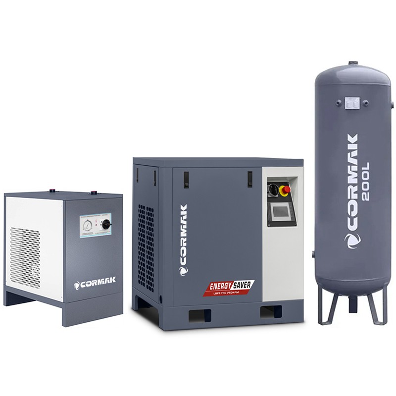 Schraubenkompressor mit Kältetrockner N10S und 200L vertikalem Druckluftbehälter CORMAK LUFT 700 VSD+PM 650L/min 5.5kW