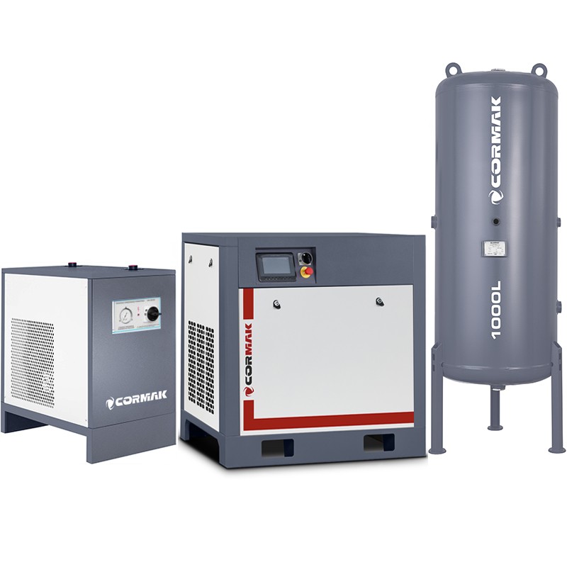 Schraubenkompressor mit Frequenzumrichter, Kältetrockner IZBERG N30S und 1000L Druckluftbehälter THEOR 30 3200L/min 22kW