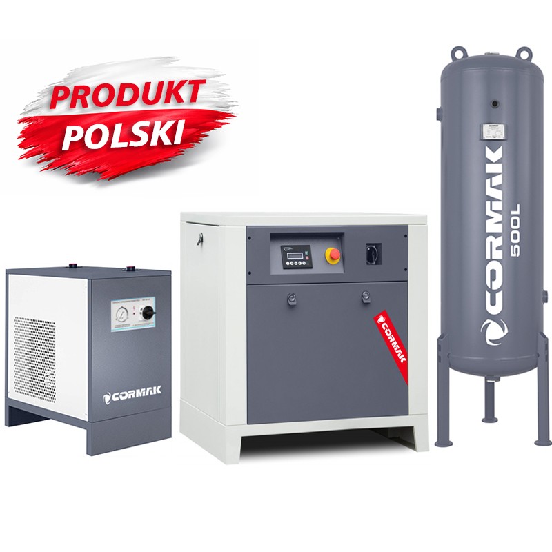 Schraubenkompressor mit Kältetrockner IZBERG N10S und 500L vertikalem Druckluftbehälter CORMAK LUFT 700 650L/min 5.5kW