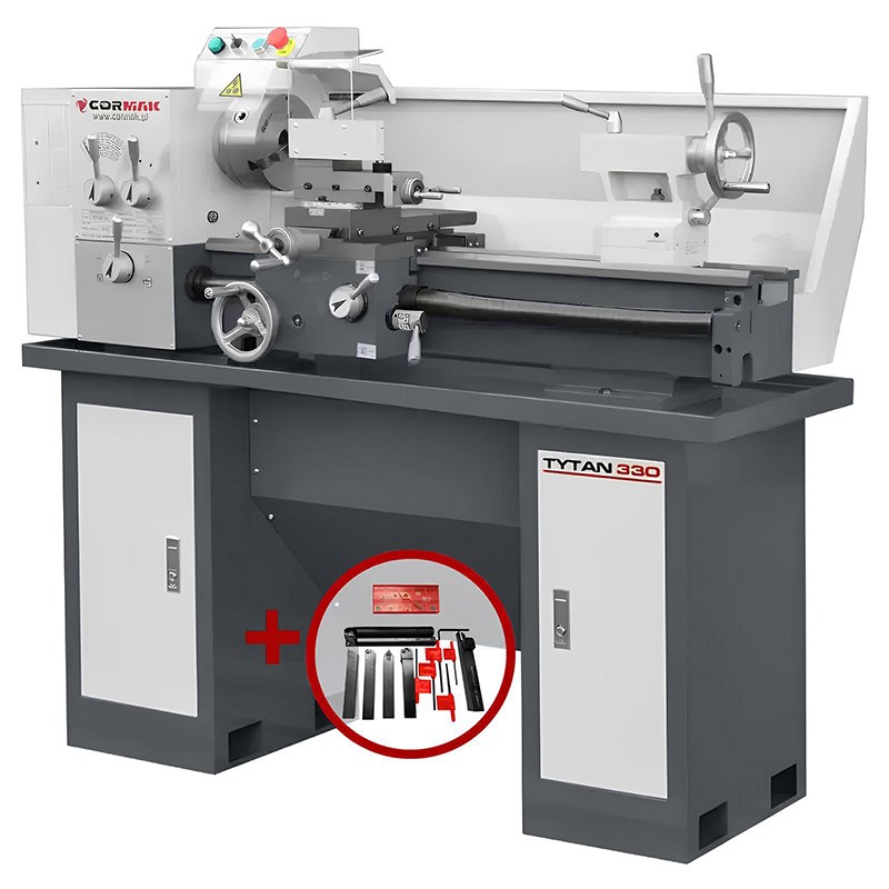 Konventionelle Universaldrehmaschine CORMAK 330 x 700 230V mit Untergestell + Drehmeißelsatz | Hersteller CORMAK