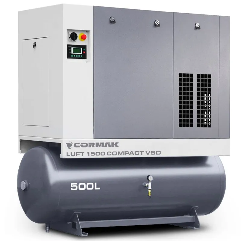 Schraubenkompressor mit Kältetrockner, Frequenzumrichter und 500L Druckluftbehälter CORMAK LUFT 1500 COMPACT 1580L/min 11kW