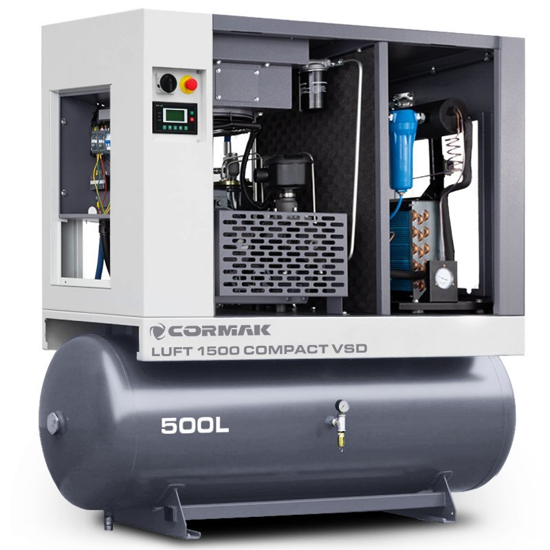 Schraubenkompressor mit Kältetrockner, Frequenzumrichter und 500L Druckluftbehälter CORMAK LUFT 1500 COMPACT 1580L/min 11kW