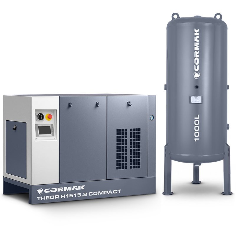 Hochdruck-Schraubenkompressor THEOR H1515.8 COMPACT 15kW - 14bar mit Kältetrockner und 1000L Druckluftbehälter für Faserlaser